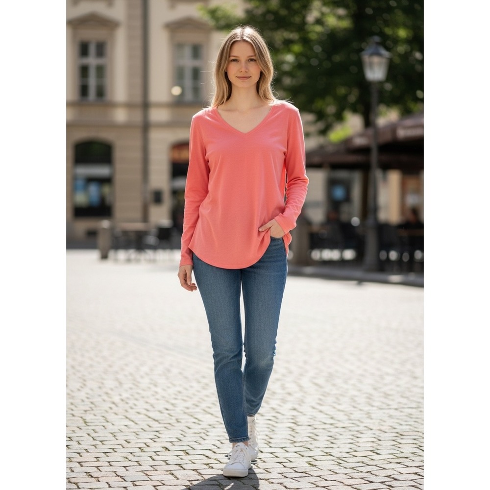 Old Navy EveryWear Long Sleeve V-Neck Tee Coral Pink Relaxed Fit Cotton Shirt M